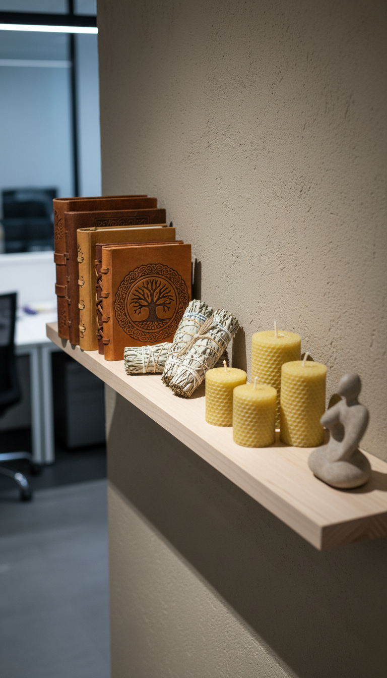 A meticulously stacked set of hand-bound leather journals with subtle embossed motifs, resting next to an orderly array of pure beeswax candles and dried sage bundles. These objects are symmetrically arranged on a minimalist birch shelf mounted against a taupe plaster wall, with uncluttered surroundings and a small stone sculpture nearby for visual interest. Cool, indirect studio lighting creates gentle highlights along the textures, casting soft, elongated shadows for understated depth. The overall mood is contemplative and professional, enhanced by an elevated angle and rule-of-thirds composition. Photographic realism and clean lines reinforce the corporate, modern coaching environment, reflecting ancestral healing wisdom in a contemporary online context.